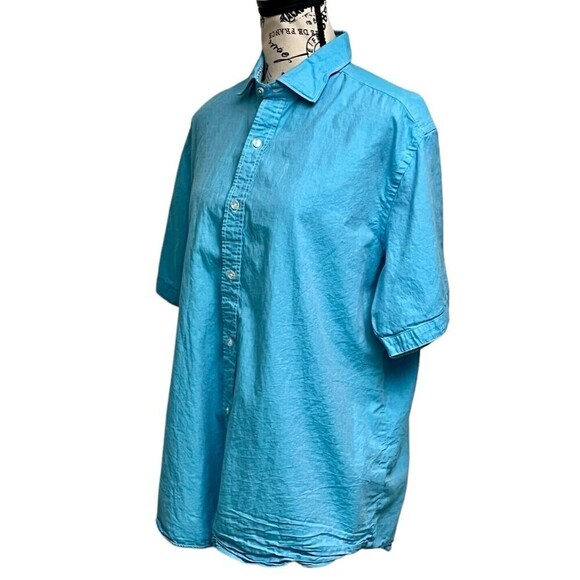 Tailor Byrd Collection Mens Blue Button Up Short Sleeve Shirt Cotton Beach L - Picture 2 of 9